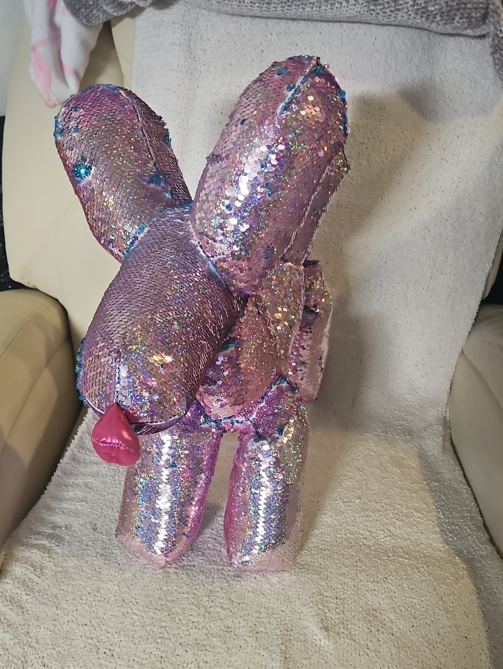 Sequin Balloon Dog Plush in Iridescent Pink Turns Blue!